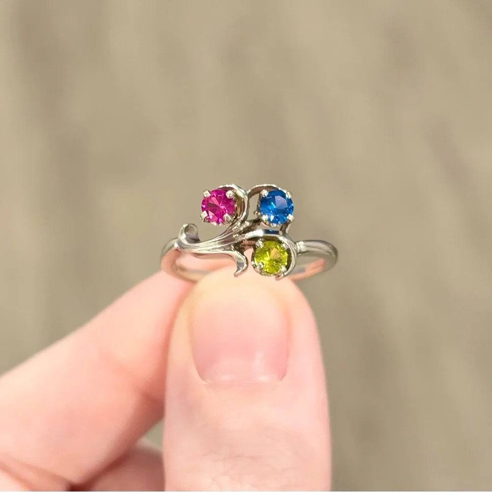 14K Rainbow Spinel red blue green gemstone cluster vintage white gold ring - Picture 3 of 12